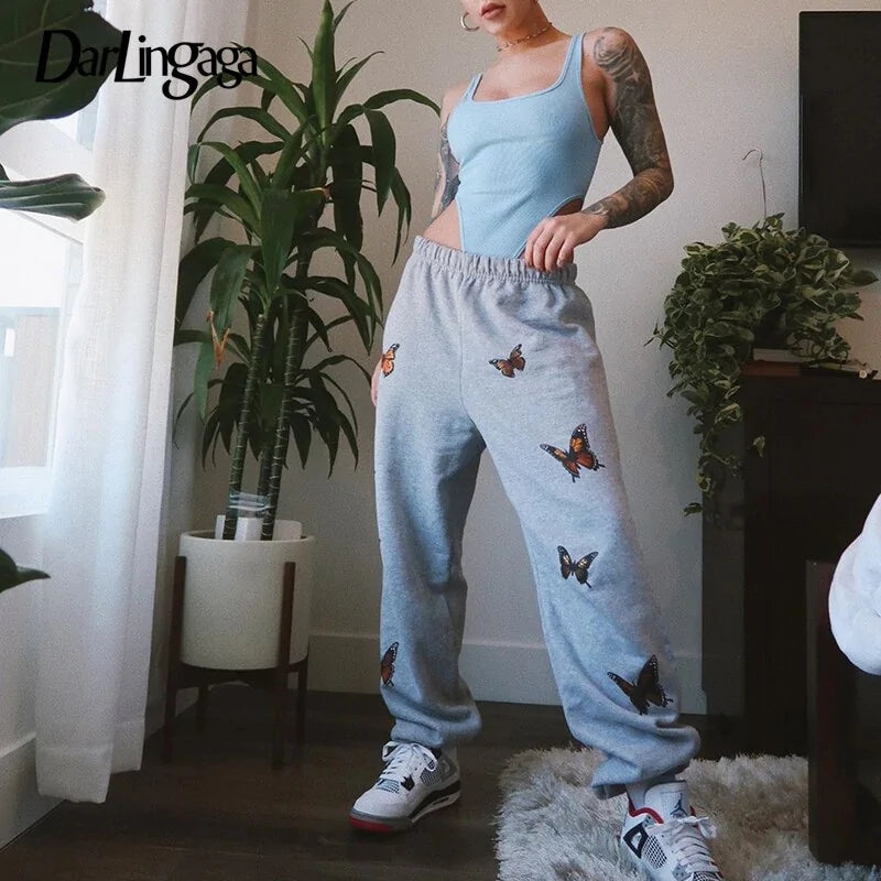 Trendy Butterfly Print High-Waist Sweatpants